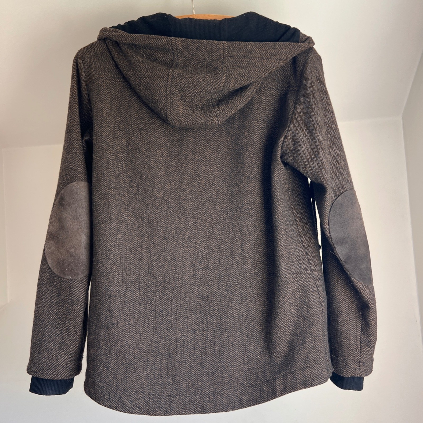 Betabrand Herringbone Academic Zip Front Hoodie Jacket Wool Brown Elbow Patches