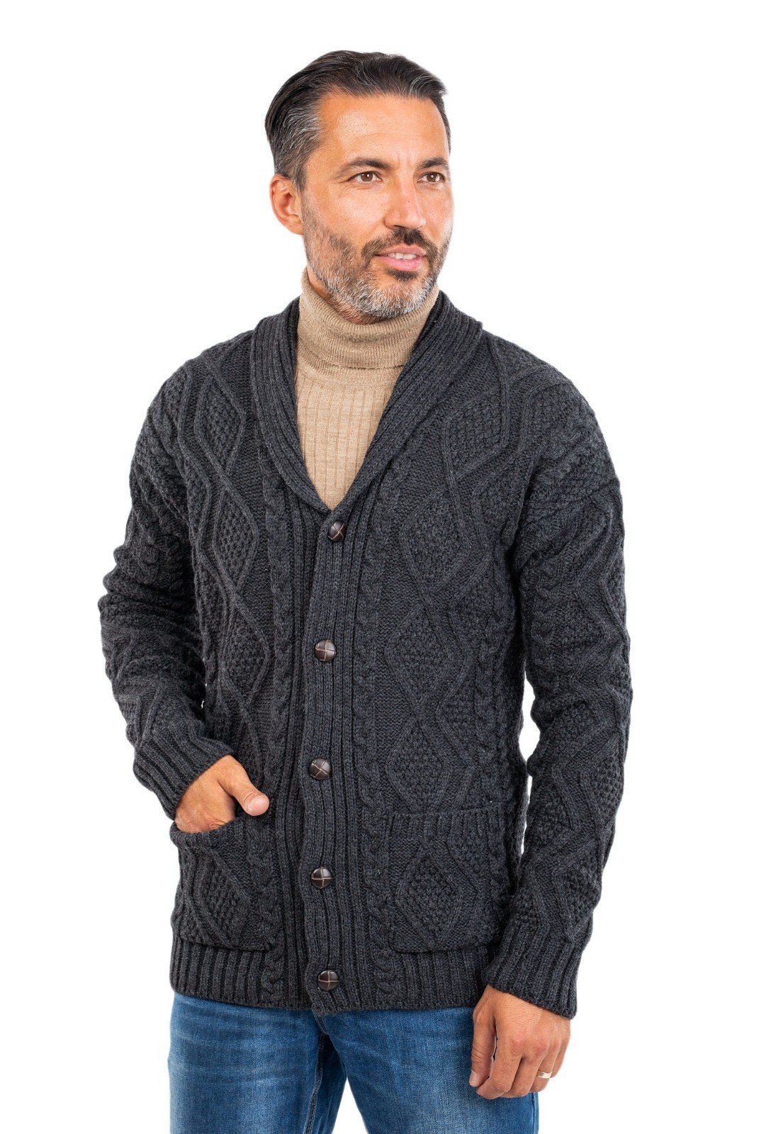 Men’s Cardigan Aran Knit Shawl Collar Casual Irish Sweater