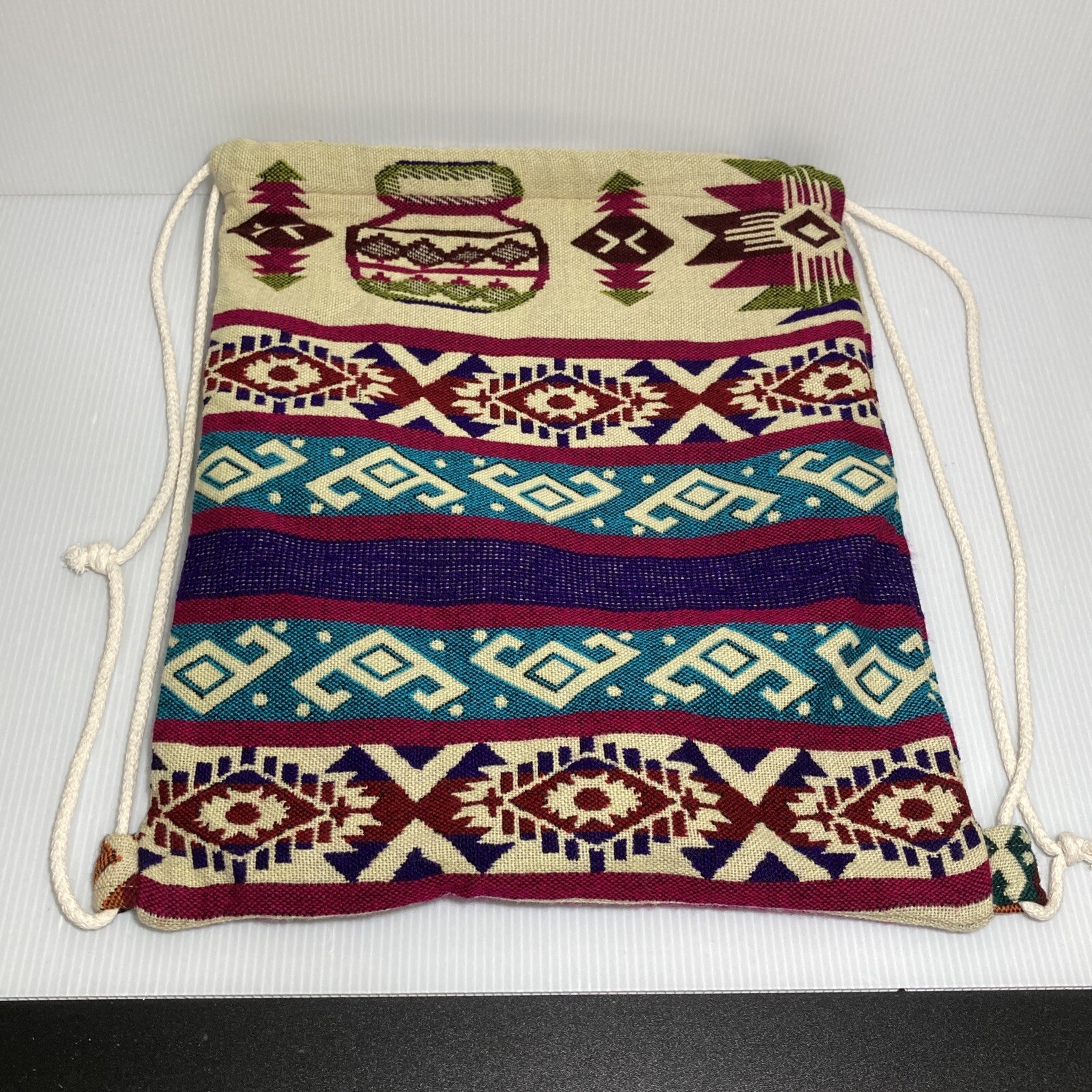Artesanias Los Andes Drawstring Backpack Bag Ecuador Colorful Native Symbols