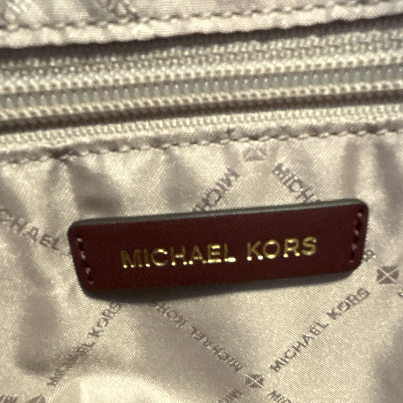 Michael Kors Monogram Tote Brown/Burgundy Zip Detachable Strap Gold Hardware