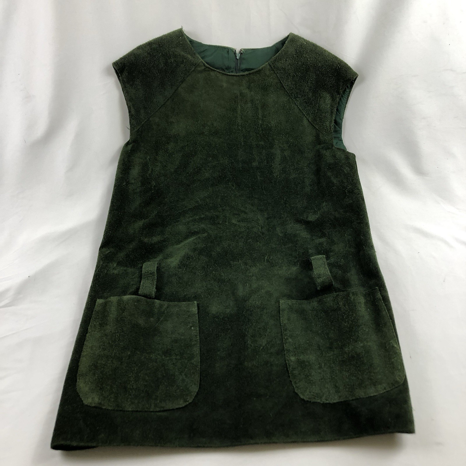Anne Klein Vintage Green Suede Leather Mod Shift Dress Size 12 60s 70s Pockets