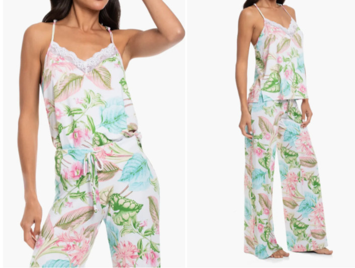 NWT In Bloom by Jonquil IVORY/GREEN/PINK/BLUE TROPICAL FLORAL Knit Pajama Set L