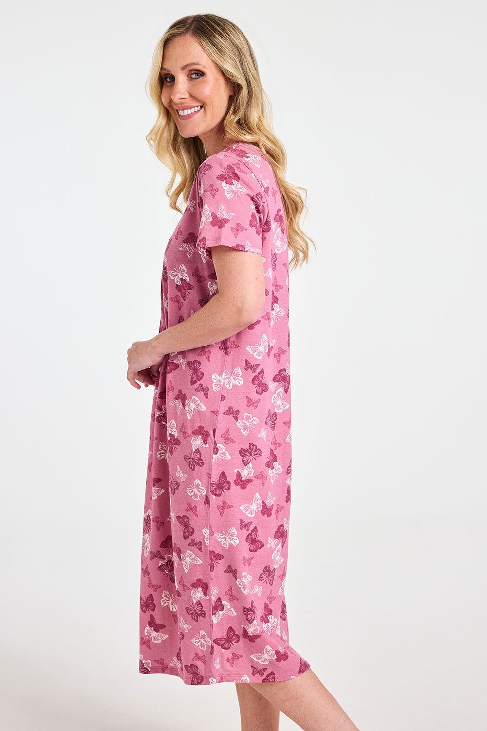 Bon Marche Size 12/14 Pink Butterfly Cotton Short Sleeve V Neck Nightdress New