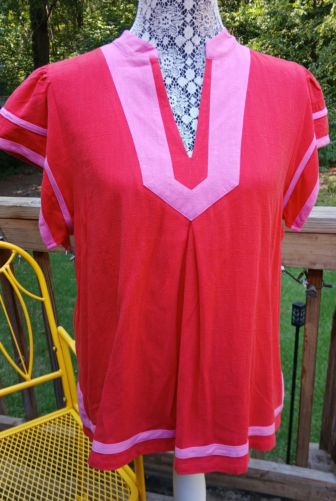 UMGEE Red & Pink V-Neck Dolman Short Sleeve Contrast Trim Blouse Linen Top Med