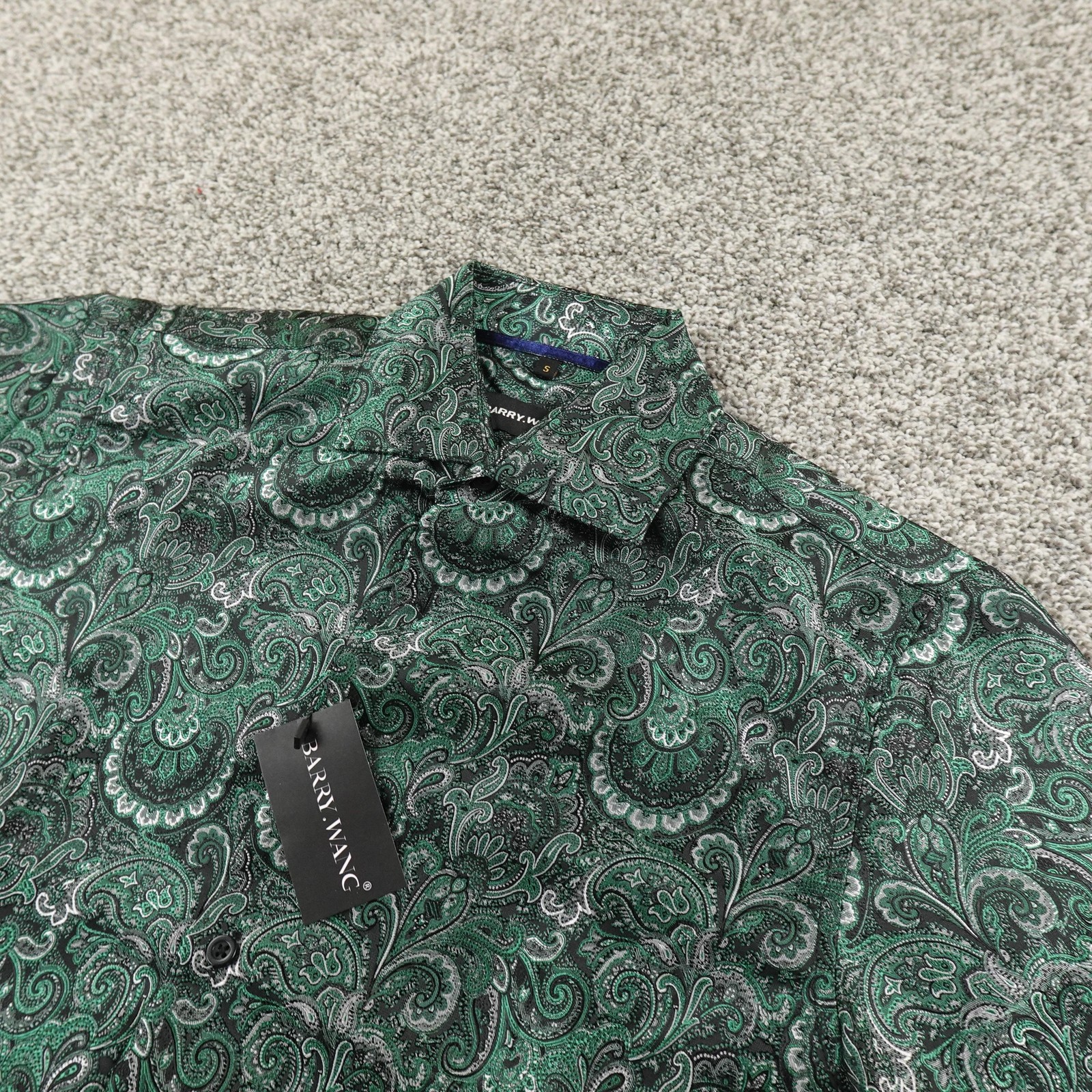 NEW BARRY WANG Shirt Mens S Green Paisley Short Sleeve Button Up Party Dress Top