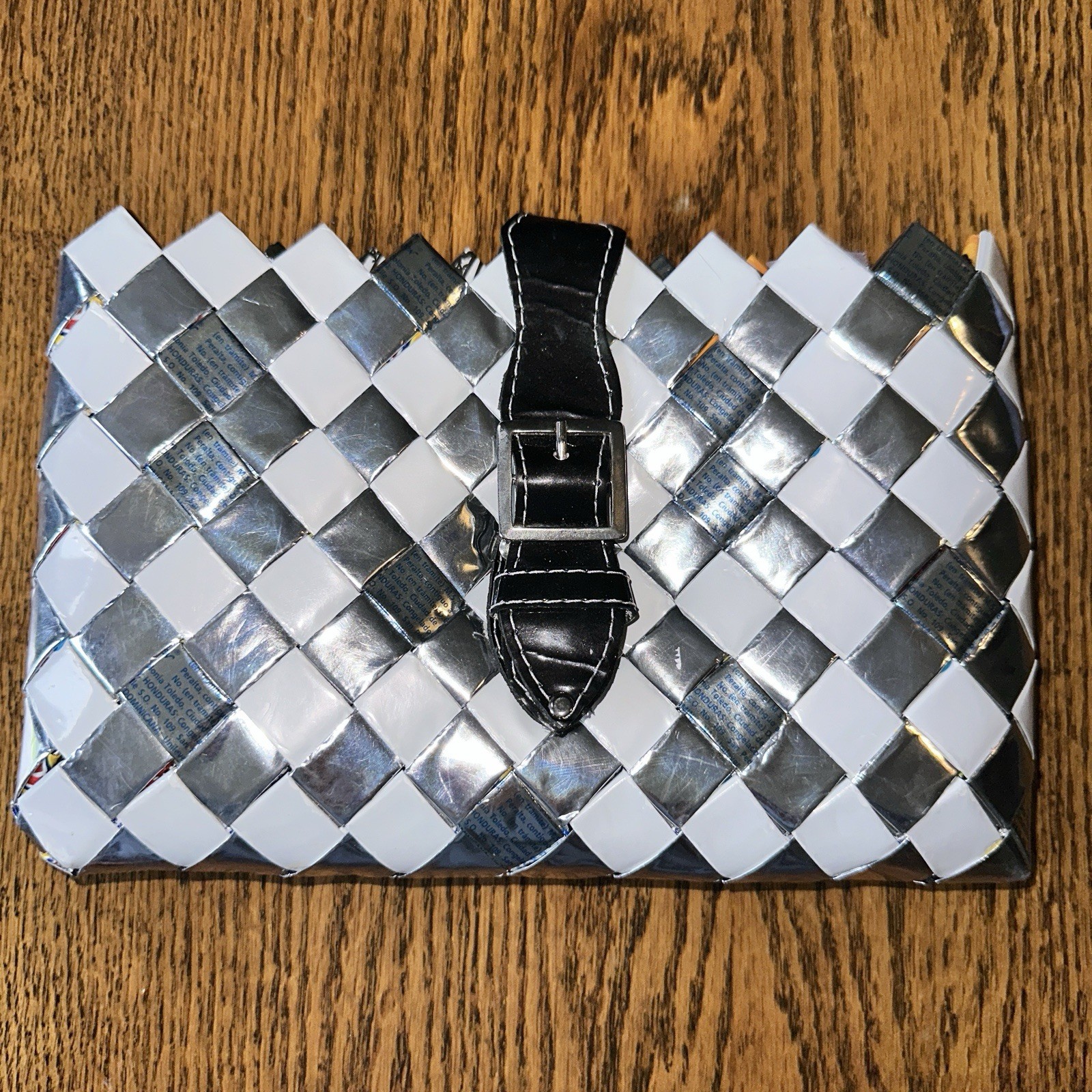 Nahui Ollin Y2K Woven Candy Wrapper Clutch Bag Purse Silver White Glossy Buckle