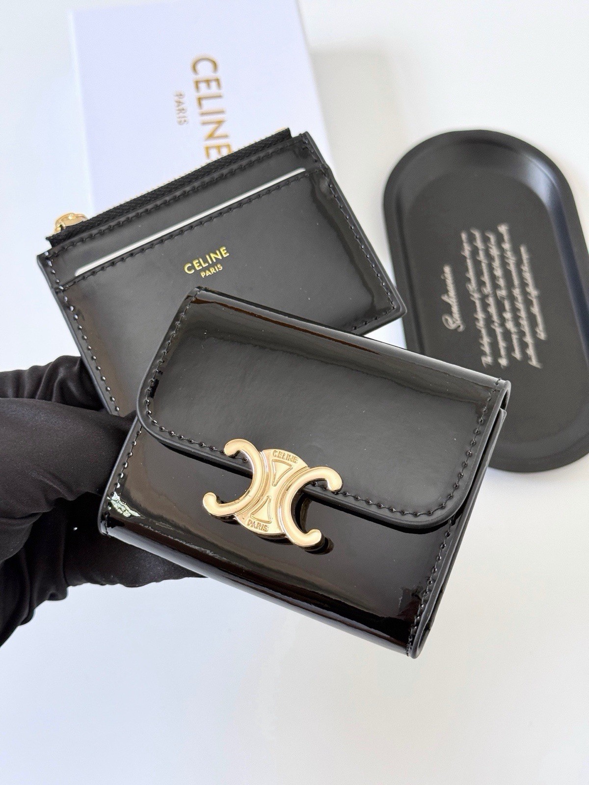 CELINE Black Wallet Gold Logo Hardware Zip Coin Pocket Credit Card Solid Women’s