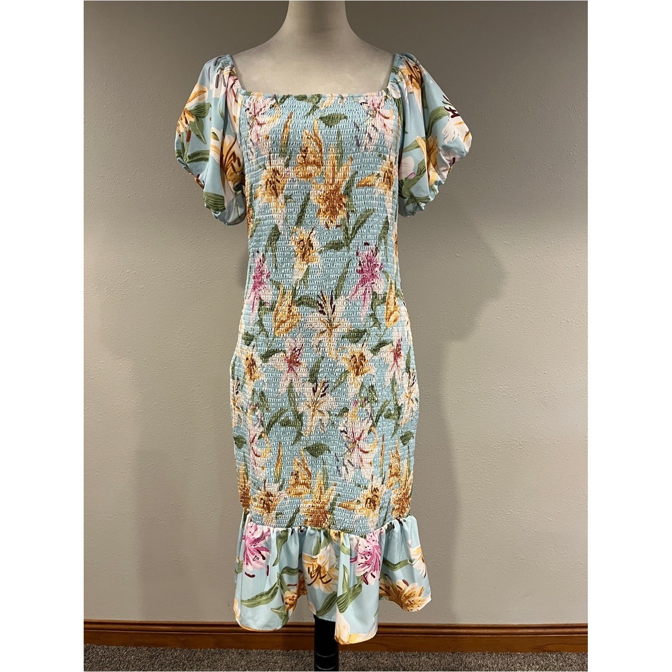 PrettyGarden Floral Smocked Puff-Sleeve Dress in Light Blue size XL