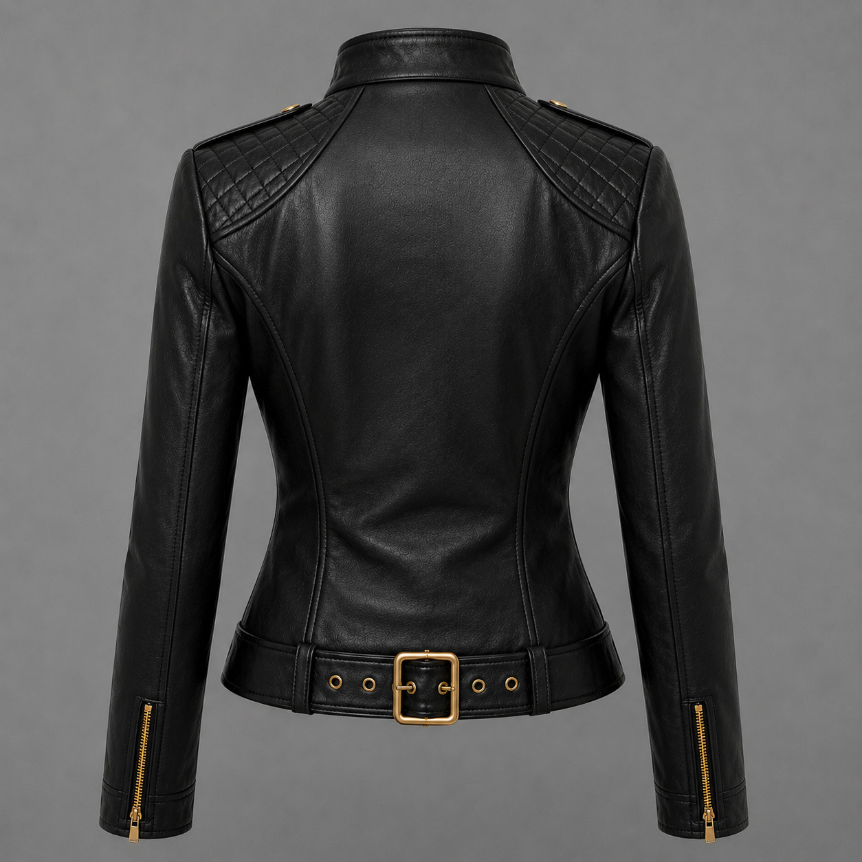 Womens Black Leather Moto Jacket – Slim Fit Biker – Gold Zip Belted Stylish Coat