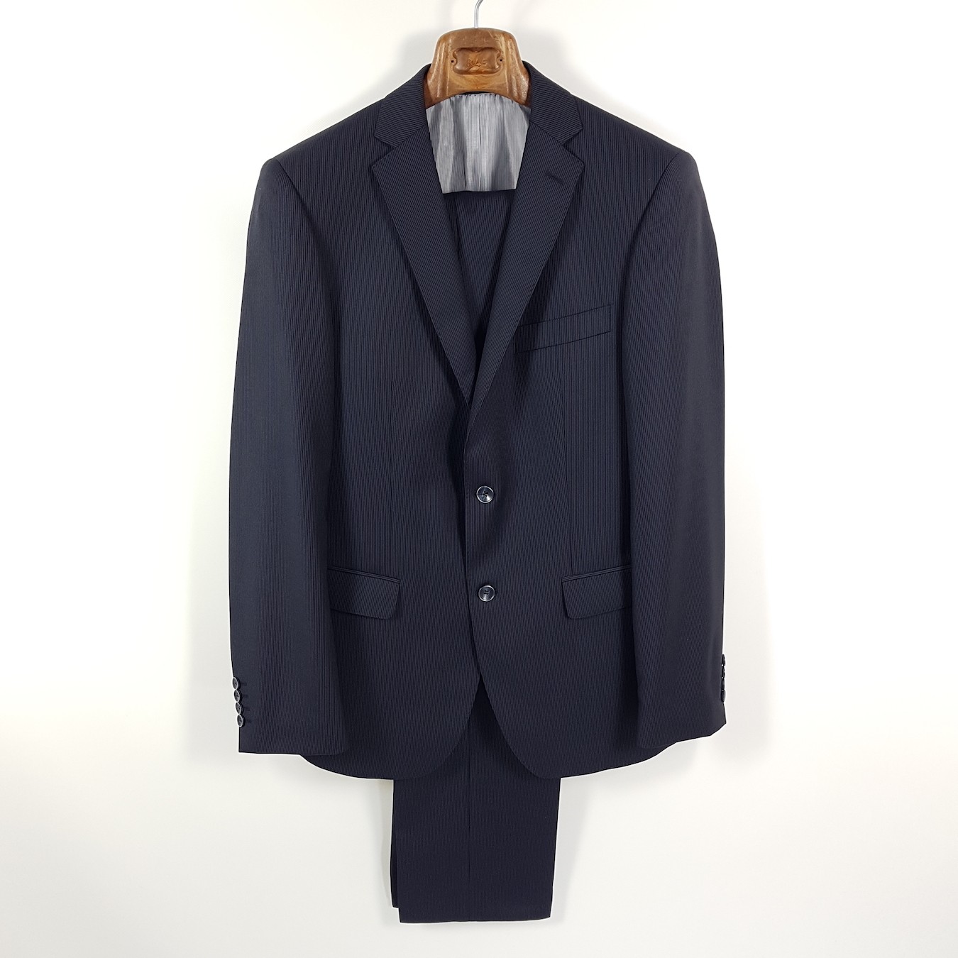 Carl Gross Suit Mens Size 90 (Jacket) 94 (Pants) Blue Striped Super 110 Wool