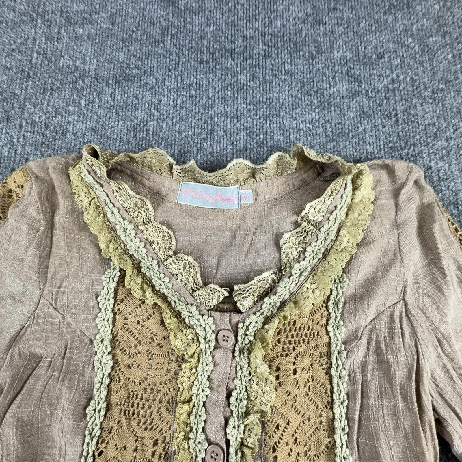 Pretty Angel Blouse Womens Small Beige Lace Crochet Ruffle Bell Sleeve Tunic Top