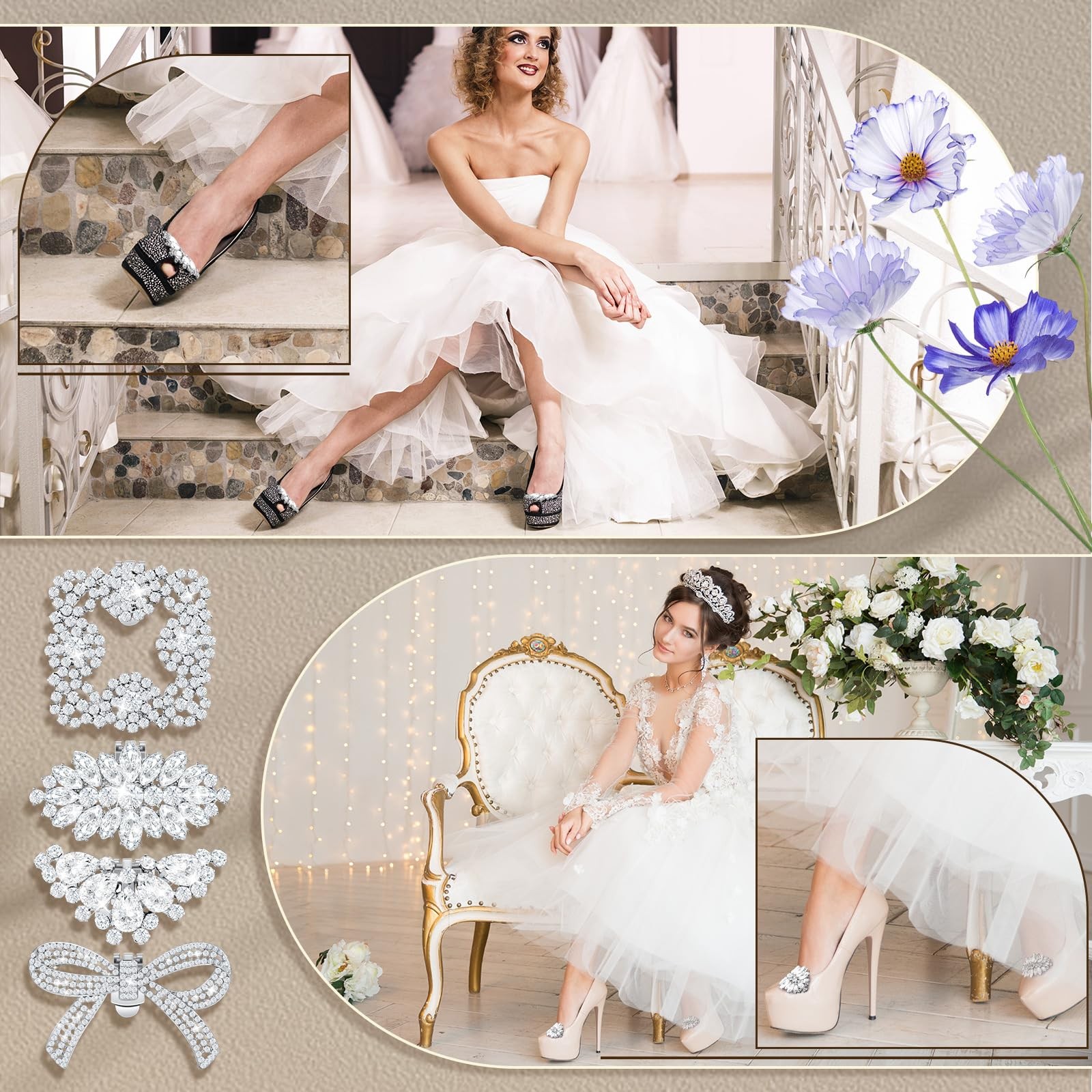 4 Pairs Rhinestone Pearl Bow Square Wing Shoe Clips for Women Charms