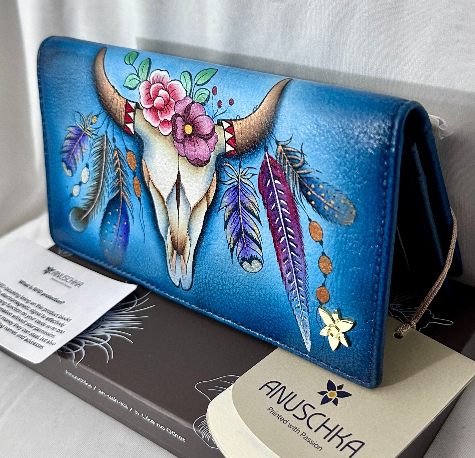 ANUSCHKA NWT🪶”RARE” RFID Bi-Fold Snap Clutch Wallet-Feather Skull Denim 1785