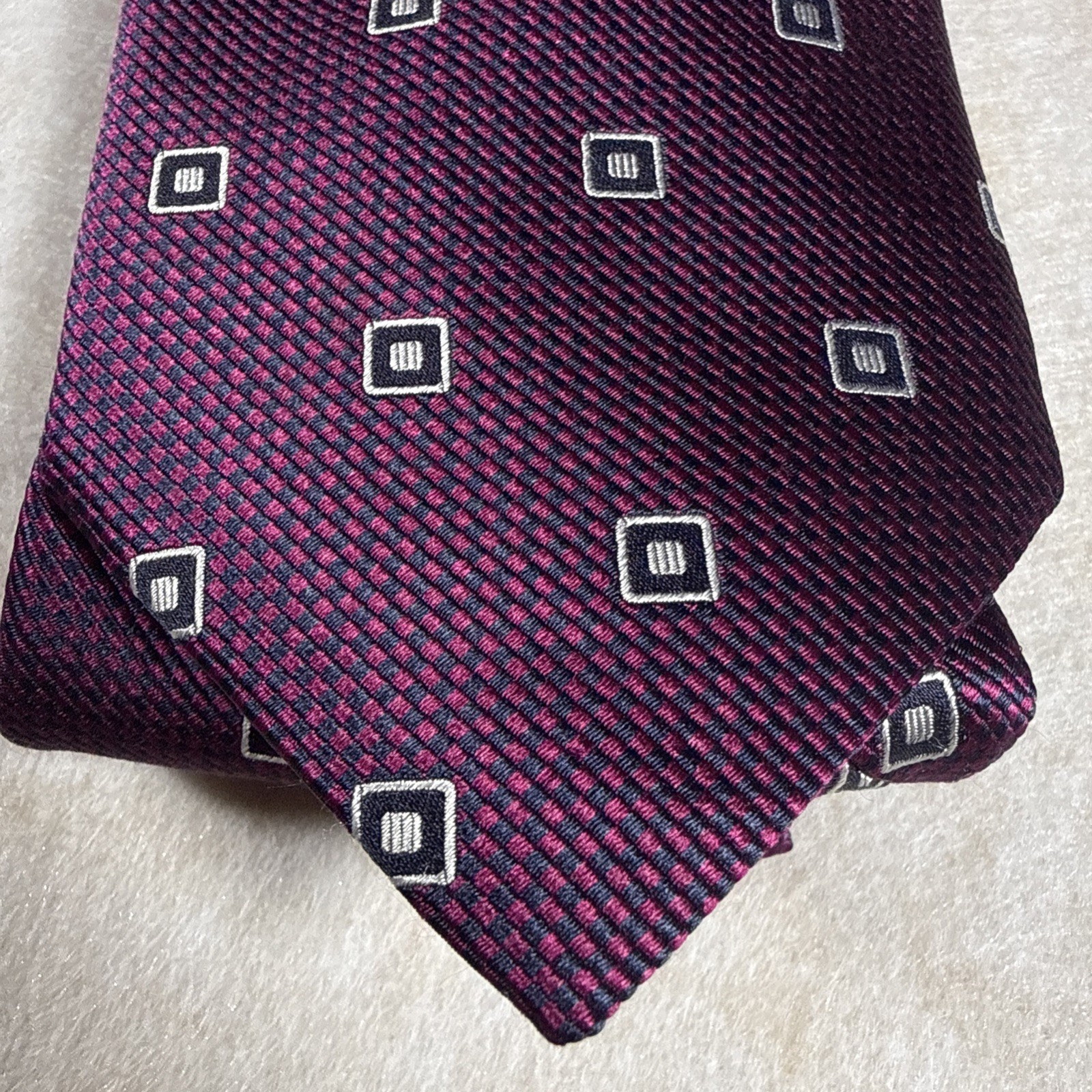 Canali 1934 Necktie, 100% Silk, Made in Italy, Geometric Burgundy Navy Blue 58″