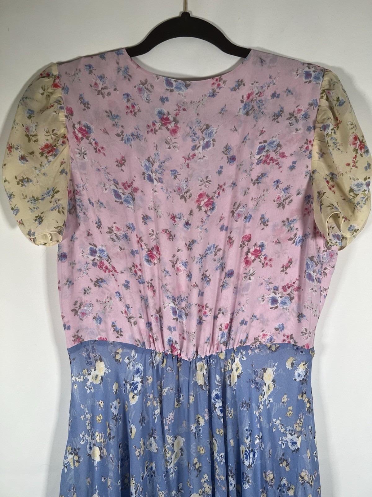 Evie Blue Pink Floral Patchwork Print Midi Dress Button CottageCore Feminine NWT