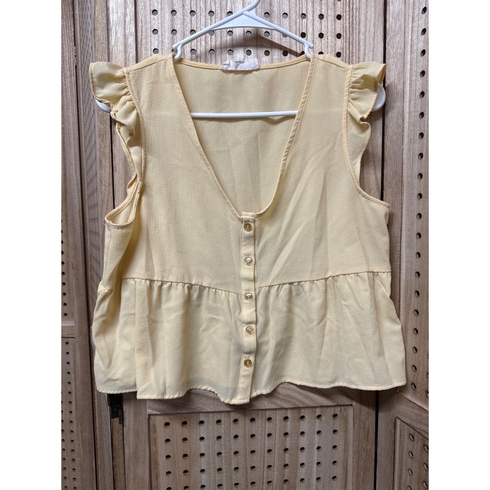 Pink Rose Womens Yellow Ruffle Sleeve Button Front Peplum Top Large