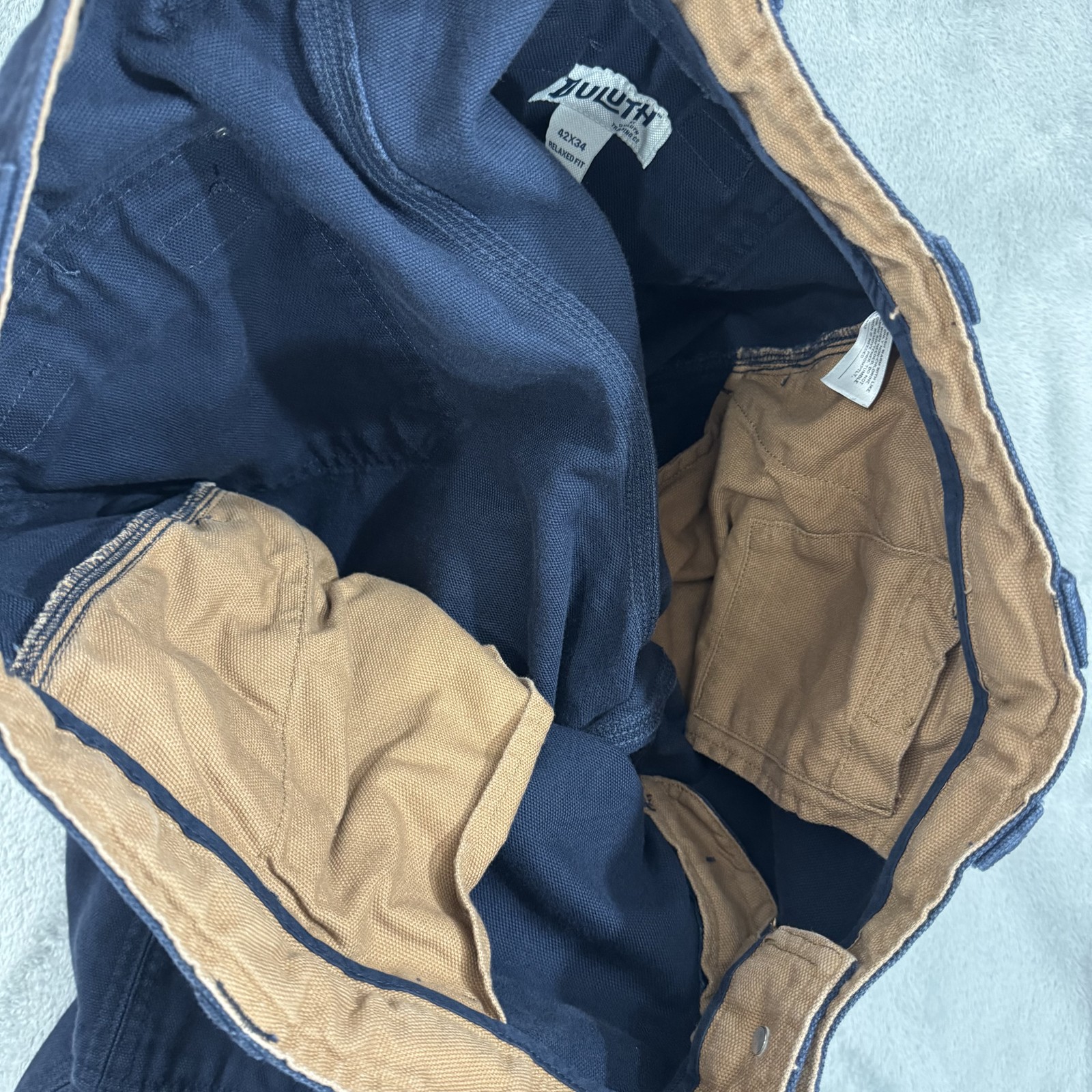 Duluth Trading Fire Hose Pants Mens 42×34 Blue Canvas Gusseted Hammer Loop Cargo