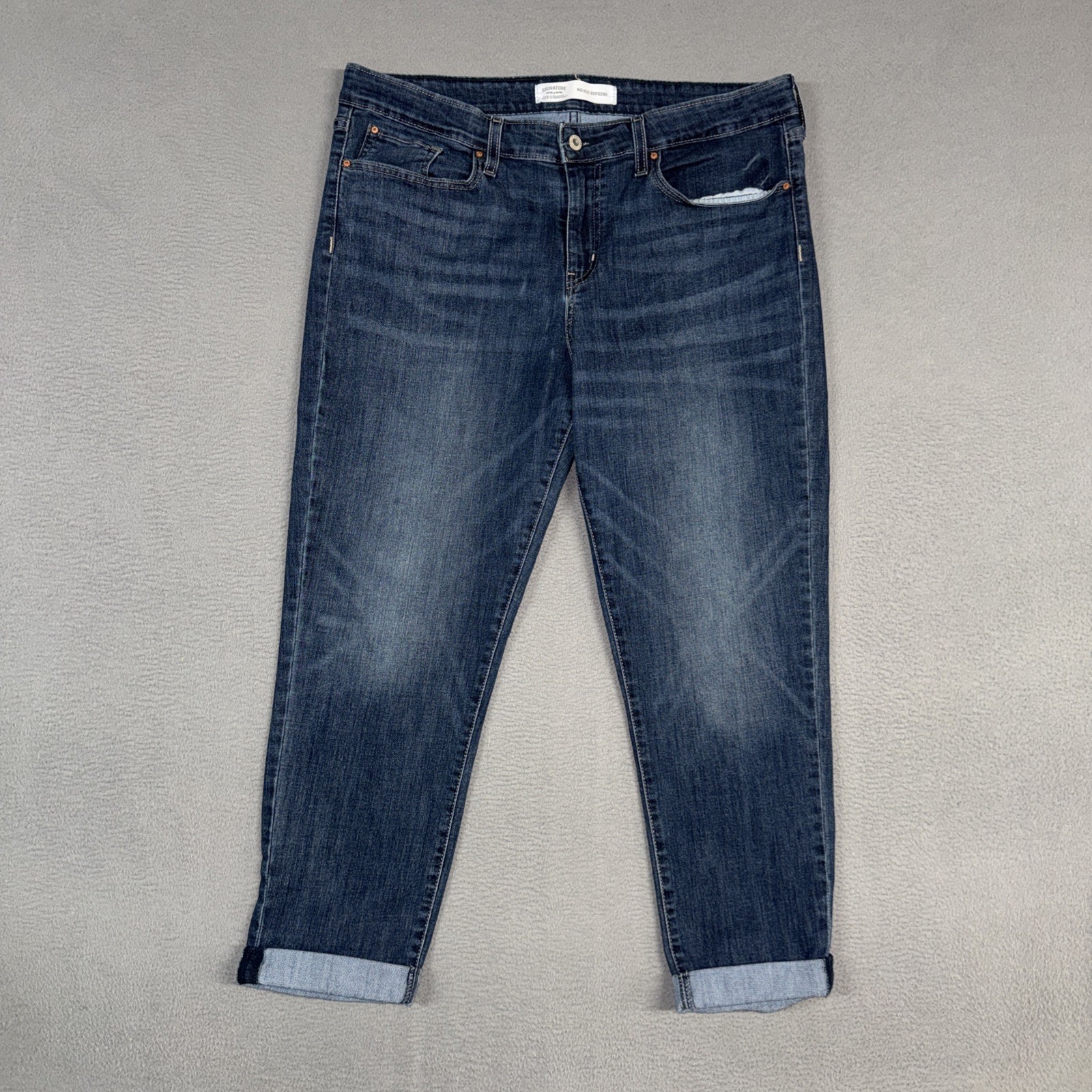 Signature Levis Jeans Womens 16 Blue Mid Rise Boyfriend Stretch Distressed Denim