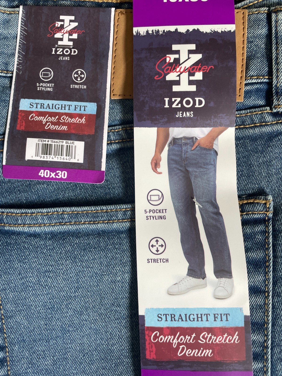 IZOD Jeans Mens Straight Fit Comfort Stretch Denim Dark Blue 40×30 40×32 40×29
