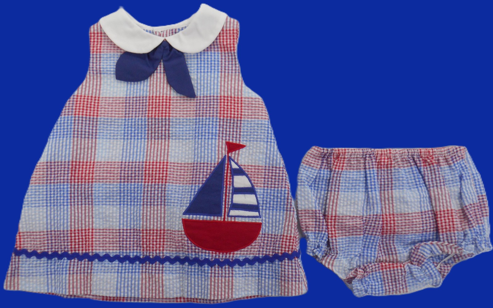 Infant/Toddler Girls Petit Ami Sailboat Sear Sucker Dress/Bloomers 2PC. Sz 3M-4T