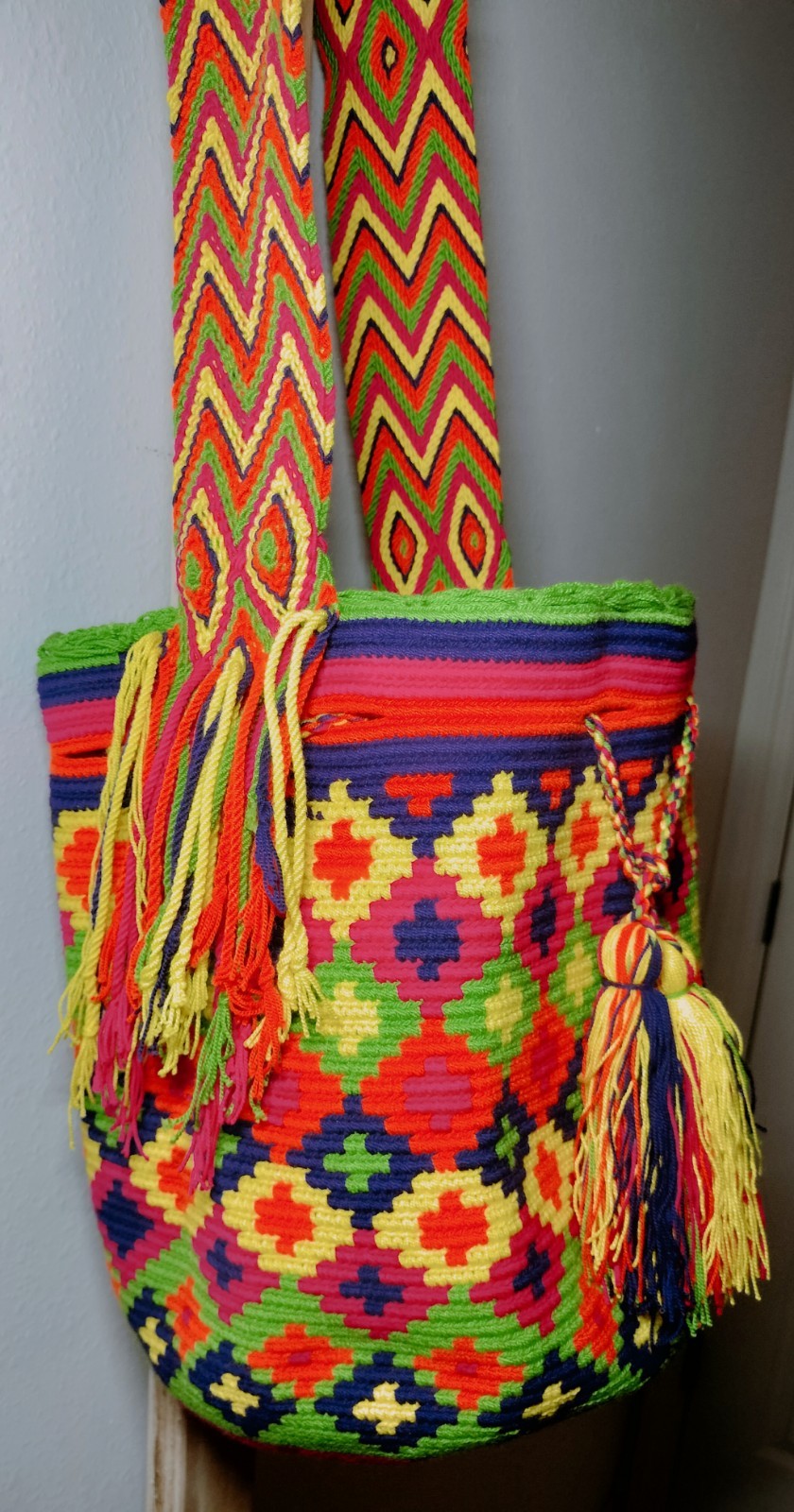 Wayuu Multicolor Geometric Bucket Bag With Tassel Drawstring Shoulder Strap