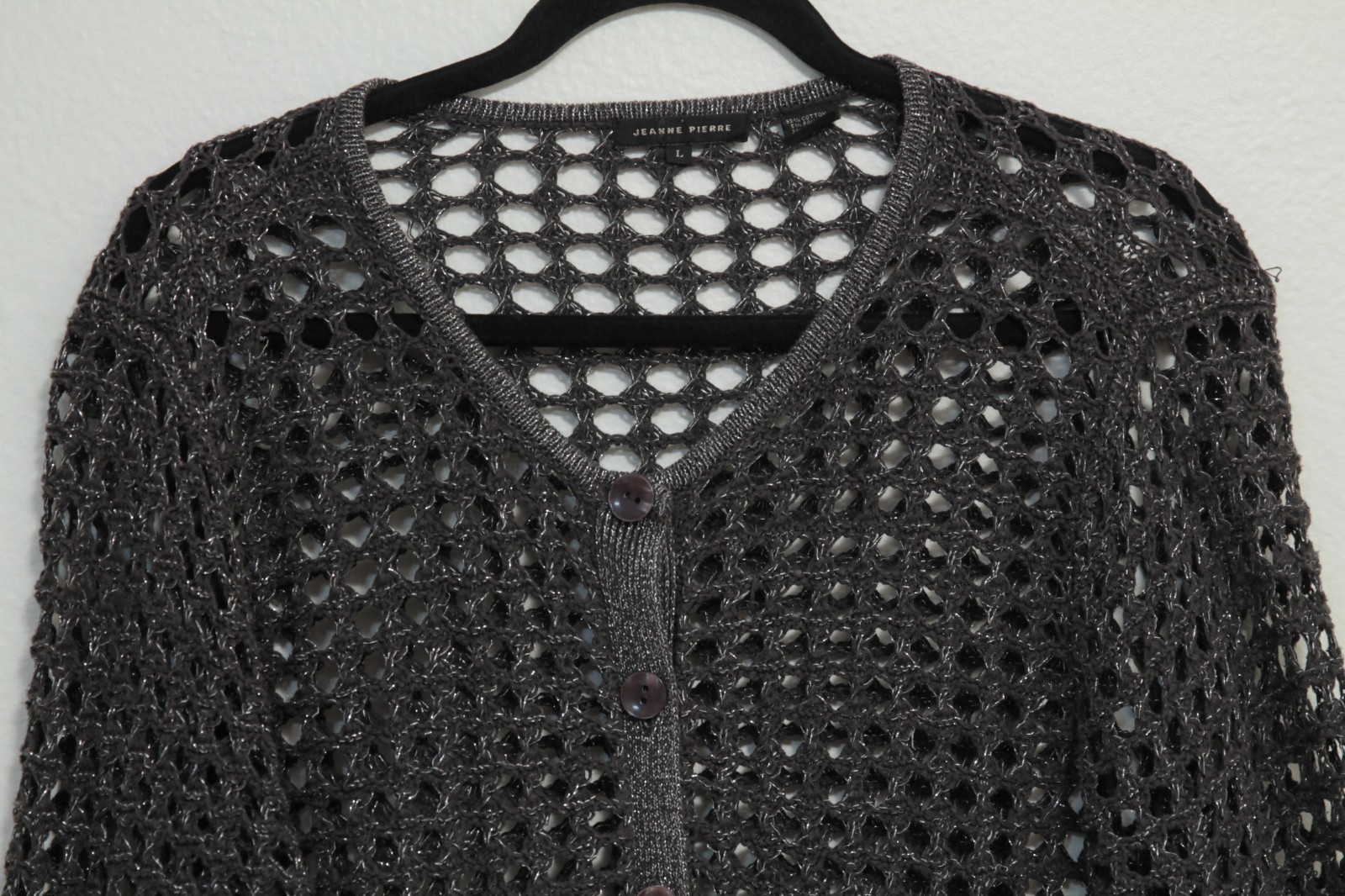 Jeanne Pierre Crochet Open Knit Sweater Women’s Metalized Silver/Grey Yarn Large