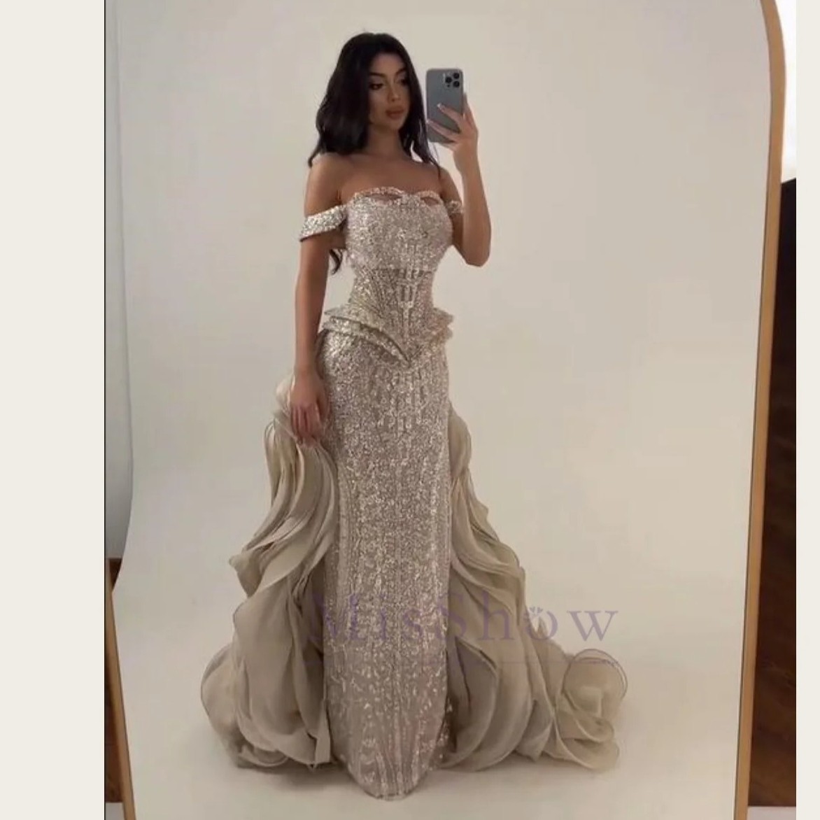 Evening Gown Beaded Straps Off-the-Shoulder Layered Wave Train Mermaid Ball Gown