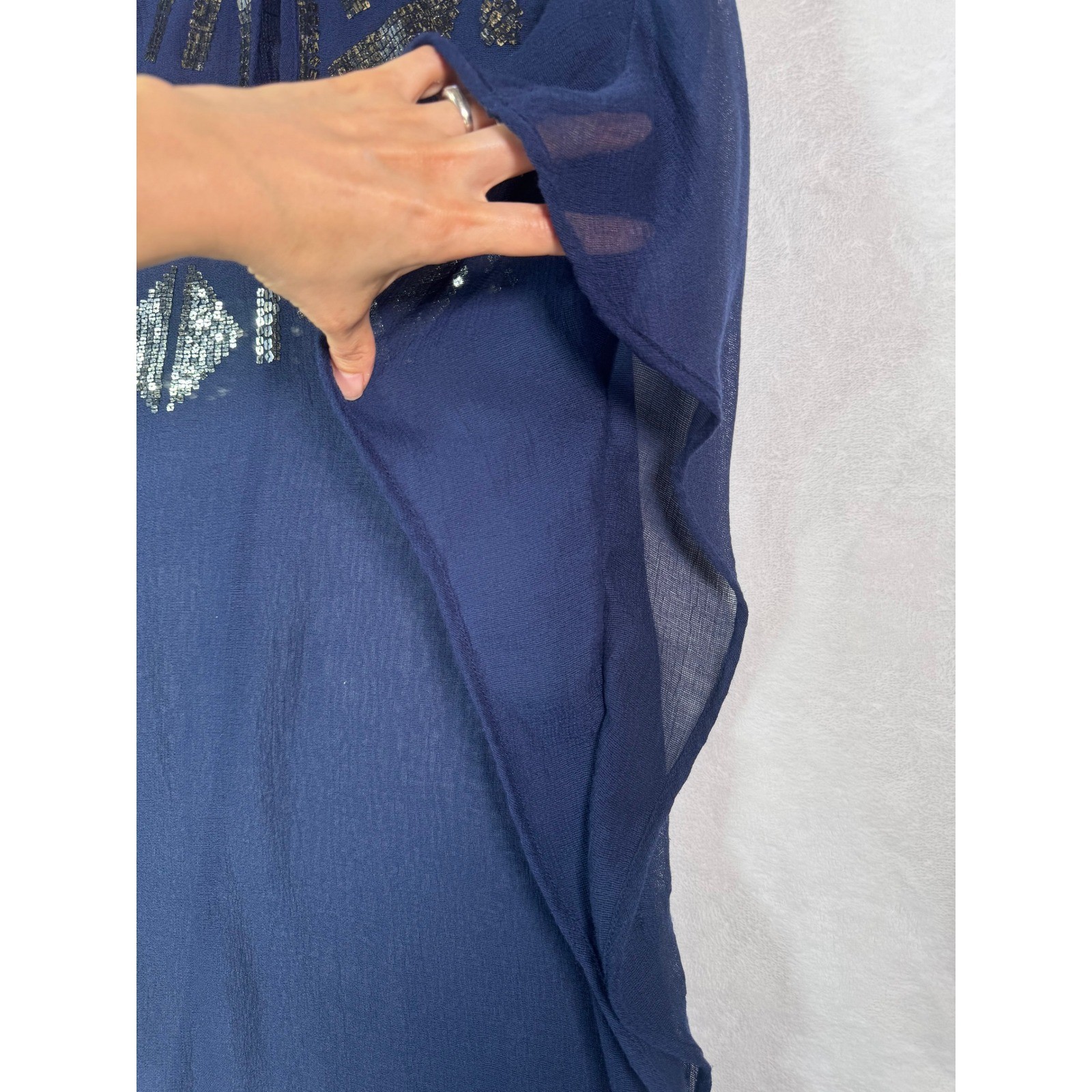 BCBGMAXAZRIA Navy Sequin Embellished Chiffon Poncho Kaftan Top OS Swim Coverup