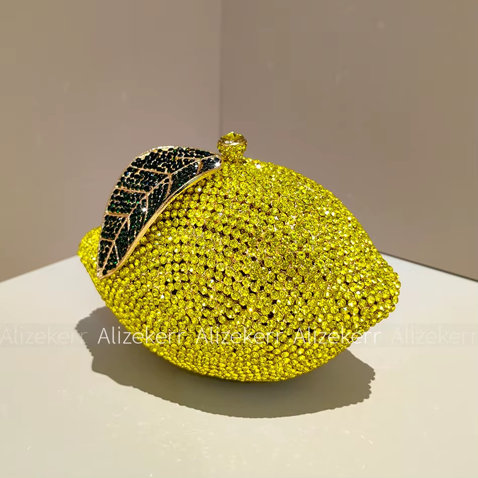Lemon Shaped Diamond Evening Bags Women Gorgeous Unique Bling Rhinestone Metalli