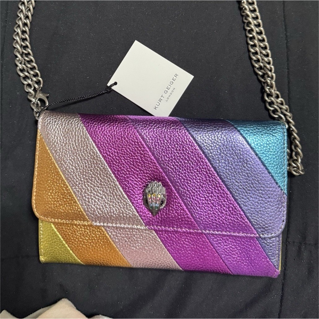 Kurt Geiger Logo Colorblock Shoulder Bag, Snap Closure, Silver Chain Strap