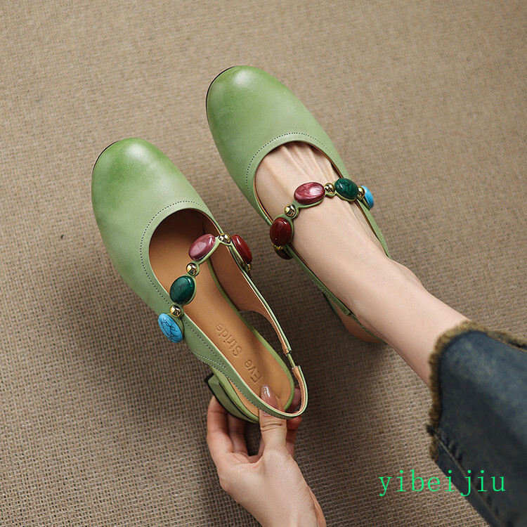 Women’s Low Heel Slingback Real Leather Sandals Stone Comfort Casual Shoes Boho