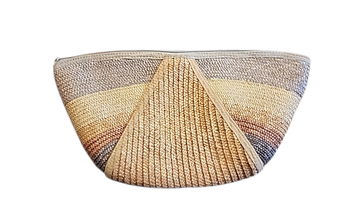 Estee Lauder Clutch Handbag Half-Circle Beige Brown Woven Straw Boho Beach