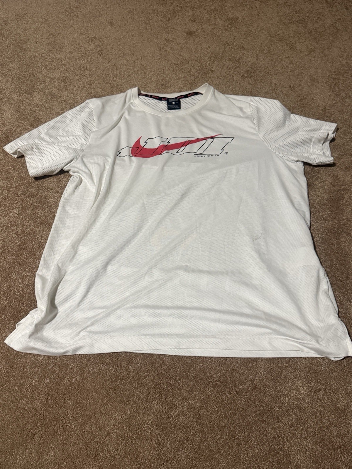 Nike Just Do It White Mesh T-Shirt Men’s Large L Standard Fit Athletic