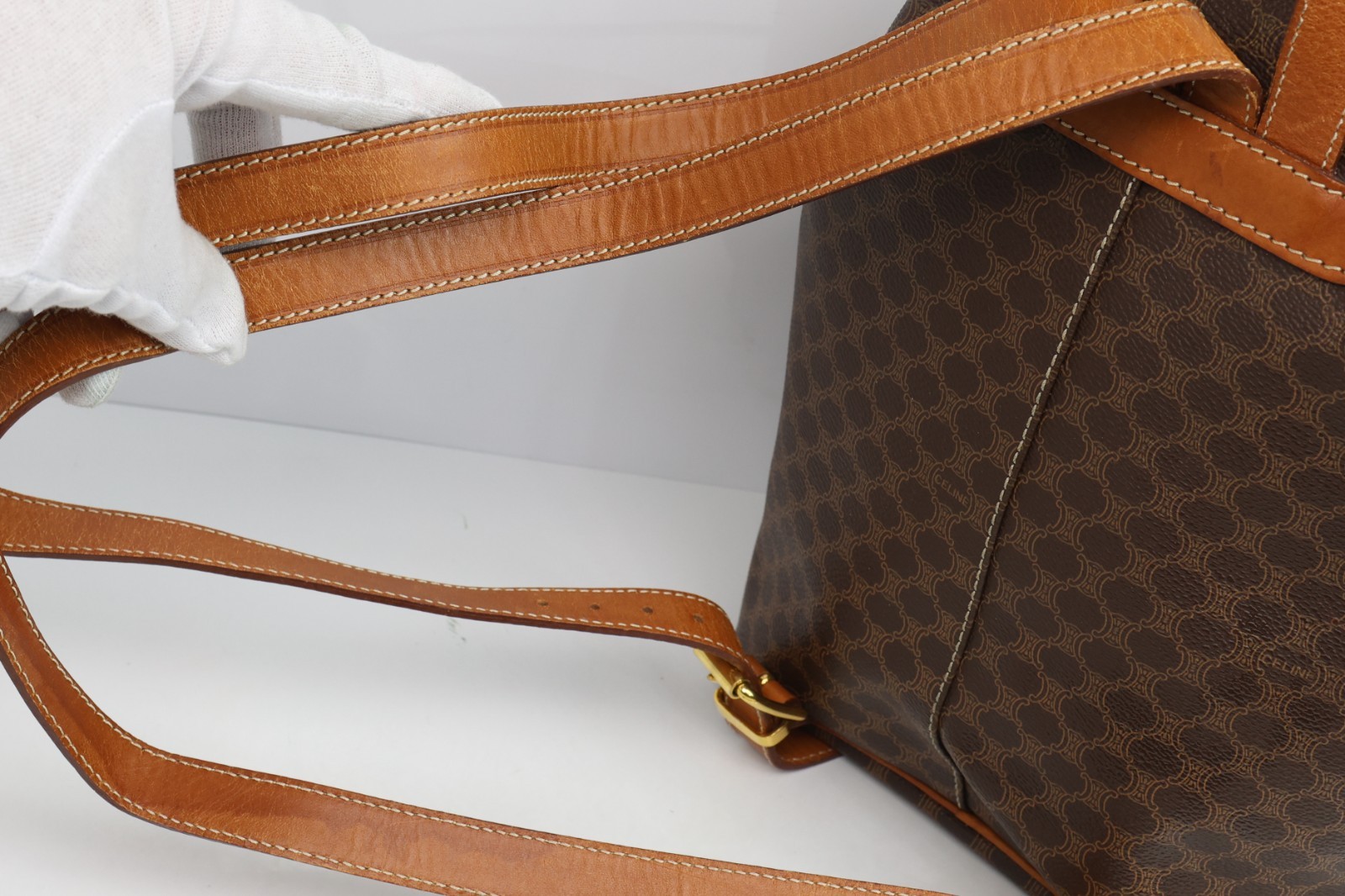 Authentic CELINE Macadam Canvas Backpack Brown PVC Leather Vintage Bag France
