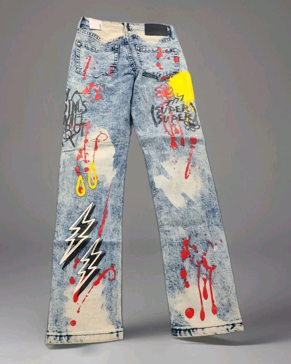 Rue 21 Premium Men’sBlue Design Patch Distressed Jeans Skinny Fit Jean 34×34 NWT