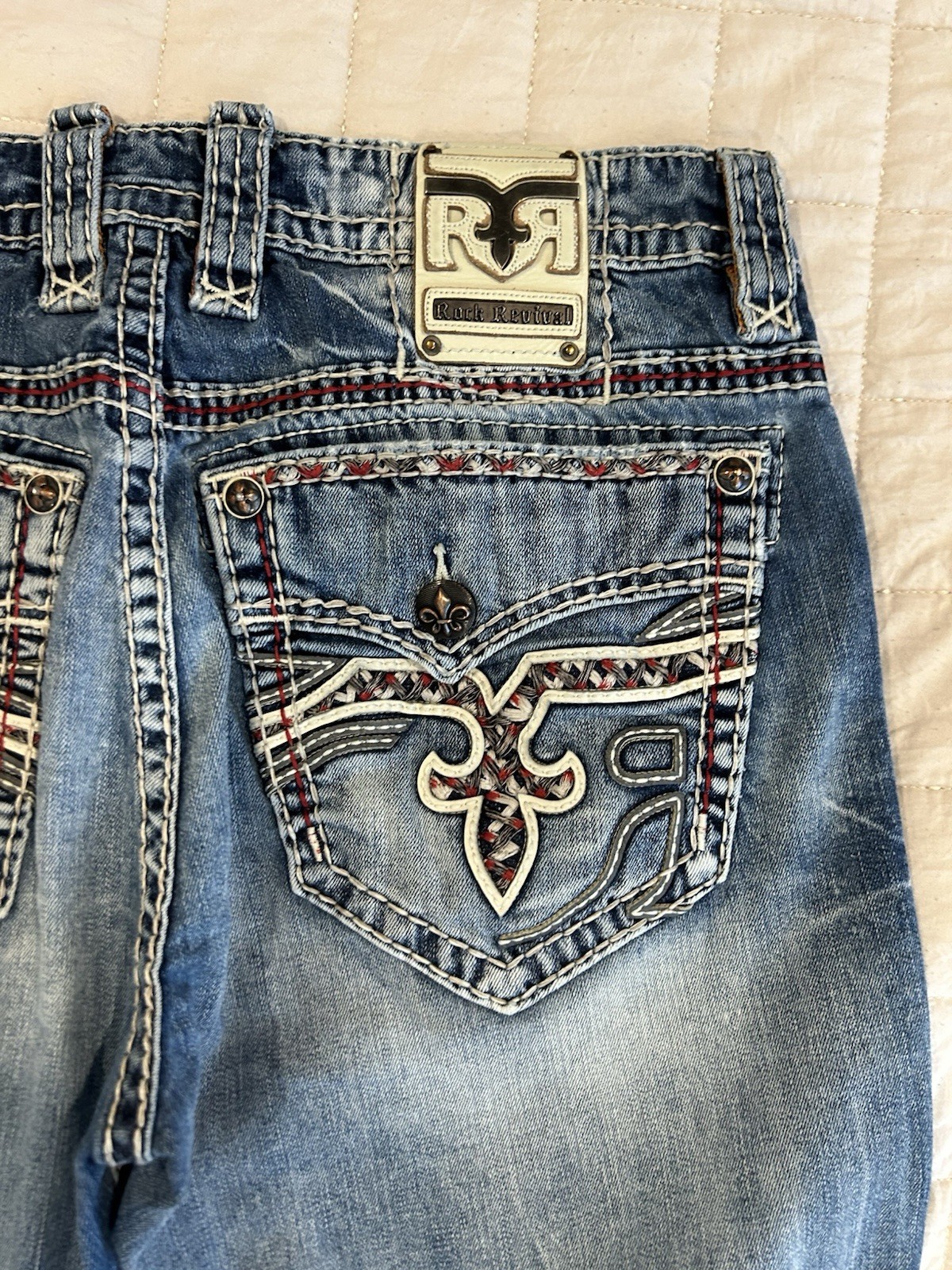 Rock Revival Men’s Blue Medium Wash Straight Fit Distressed Denim Jeans 5-Pocket