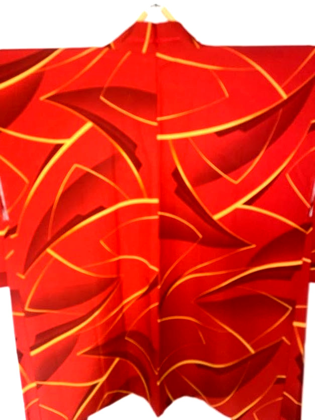 VINTAGE Unused Haori Kimono Jacket Geometric Scarlet M Yuki 26in Unlined Japan
