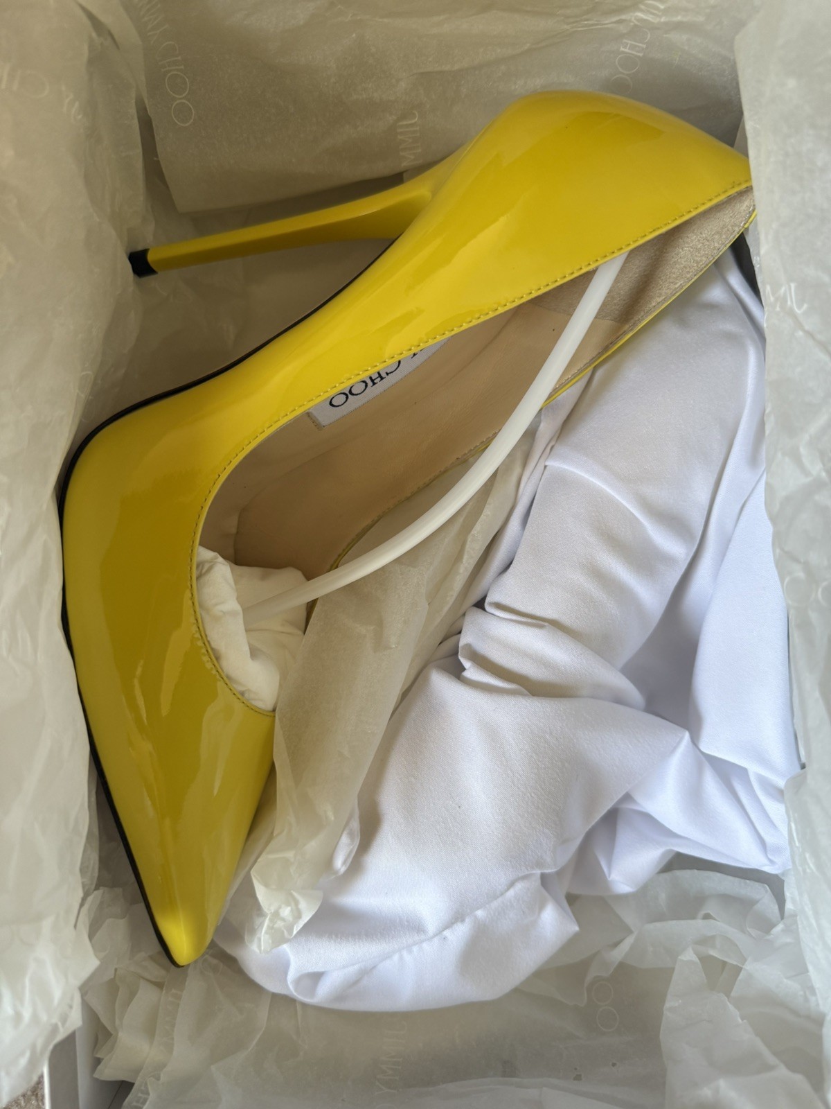JIMMY CHOO Anouk Tacco 120 Patent Leather Point Toe Pump Yellow US 7 NIB RARE