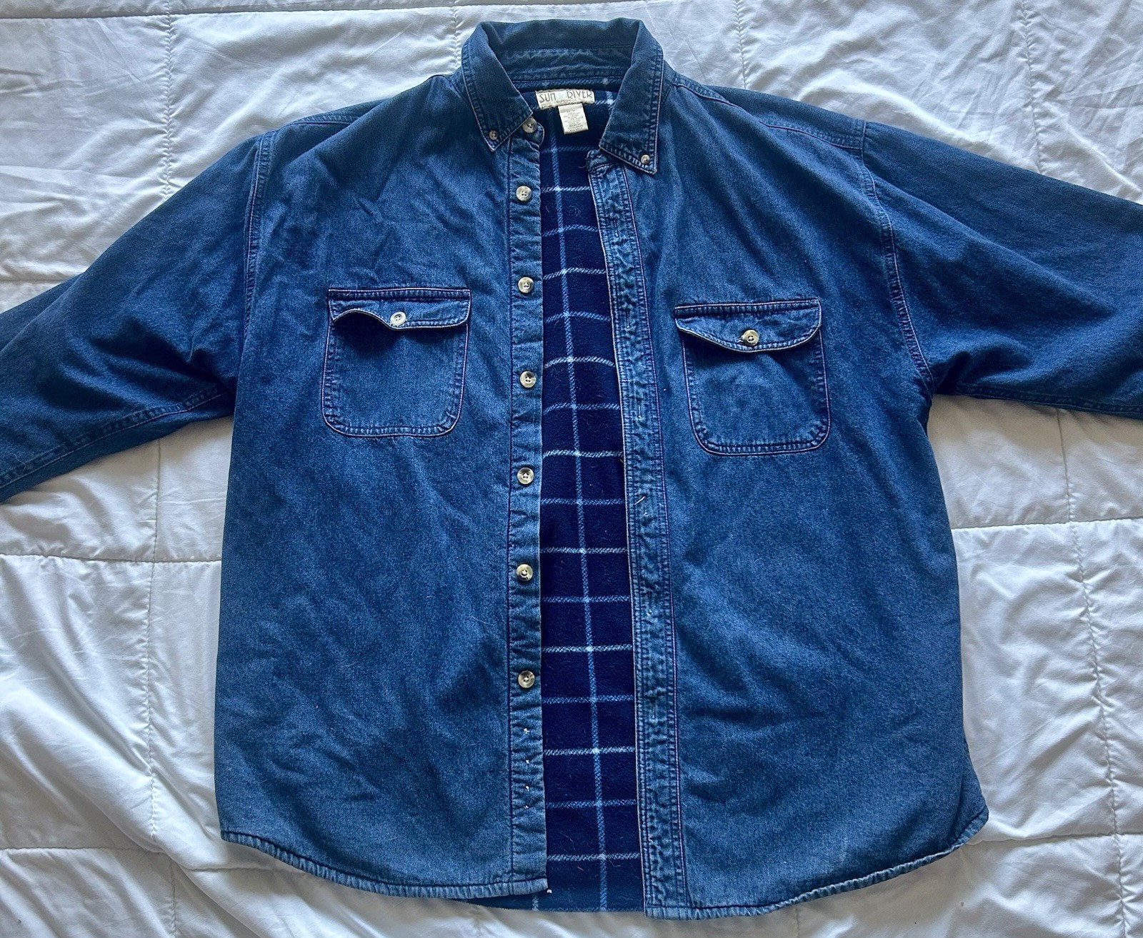 Sun River Men’s M Blue Denim Flannel Lined Button-Down Long Sleeve Shirt