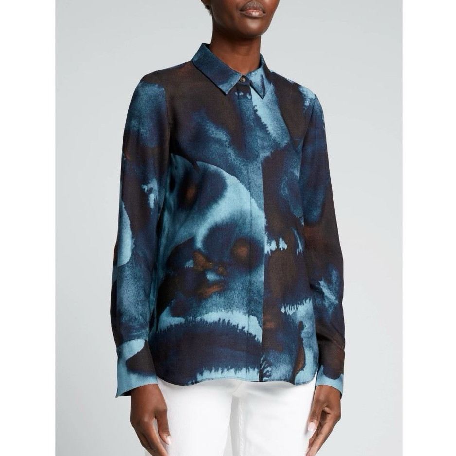 Lafayette 148 New York Women’s L Blue/Black Abstract Collared Luxury Button-Down