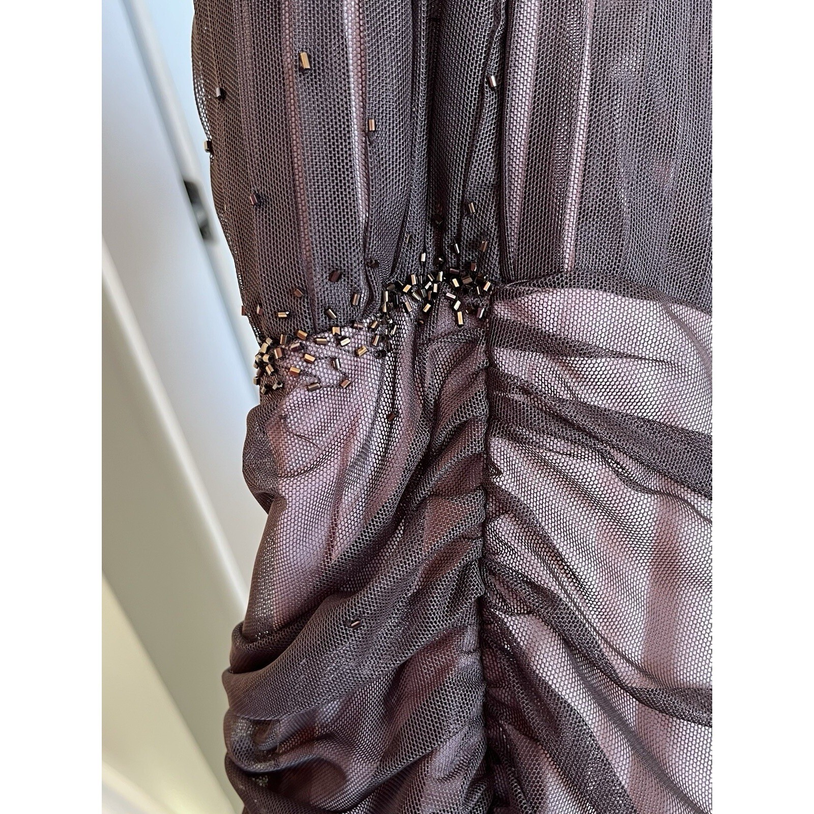 JS Boutique Y2K Dress Baby Doll Beading Ruching Tulle Sheer Brown Pink NWT