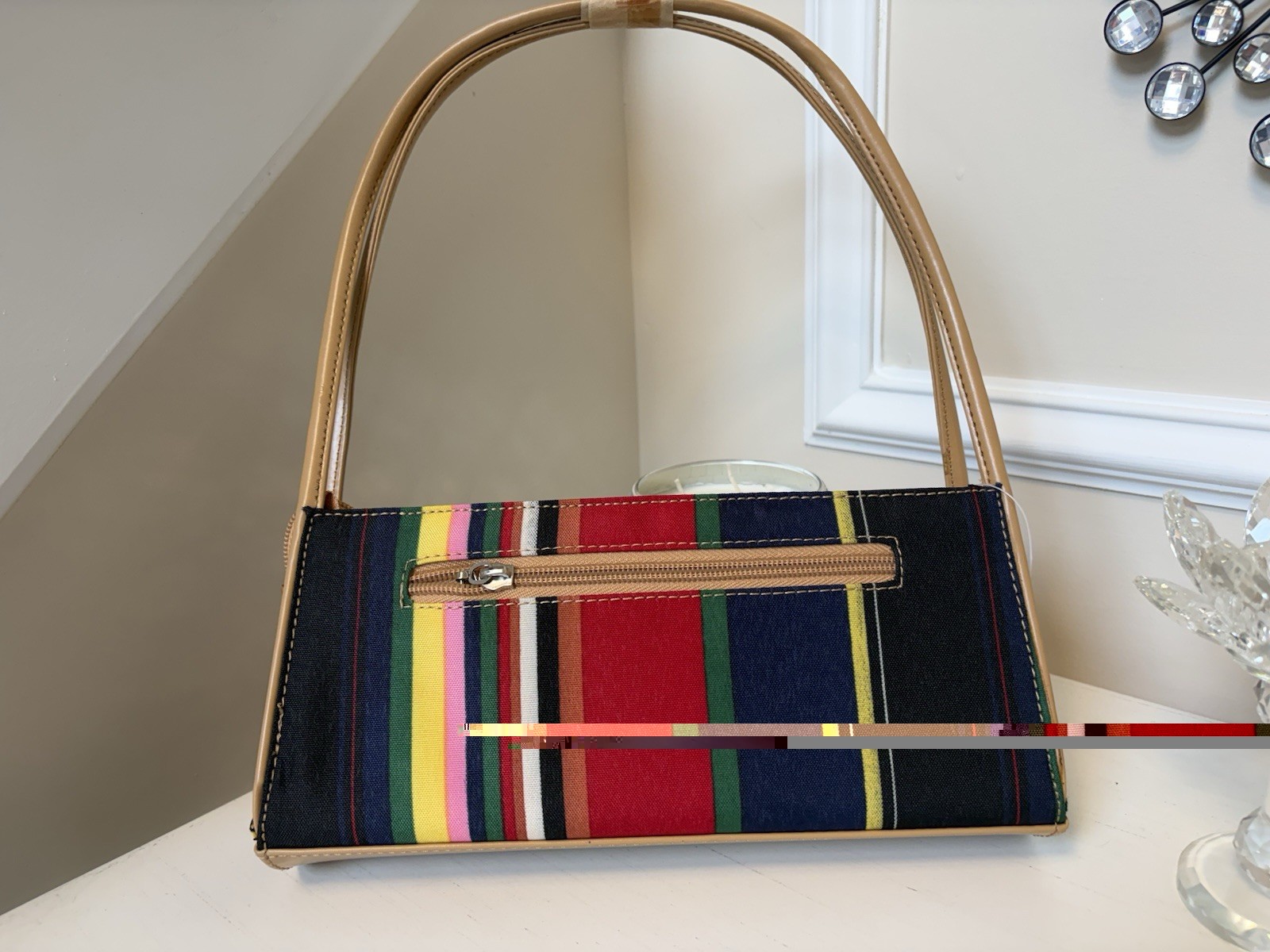 Women’s Multicolor Striped Zip Shoulder Bag Beige Strap Gold Hardware Lined