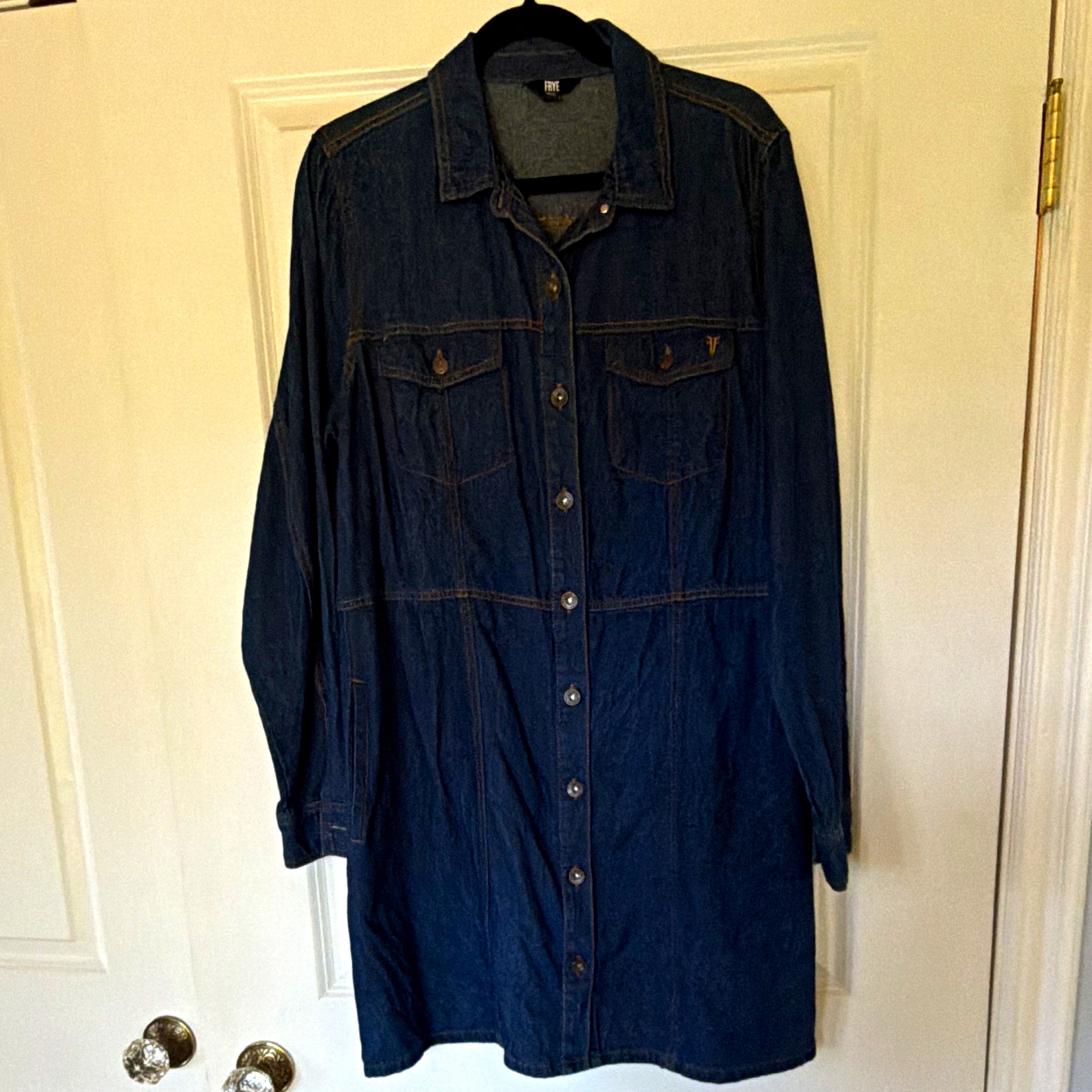 FRYE Women’s Blue Denim Shirt Dress XL Button-Front Collared Pockets Knee