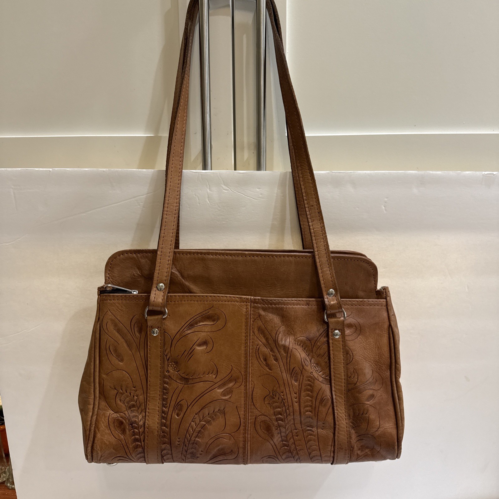 Grants Natural Tooled Leather Western Purse Satchel Made In Paraguay