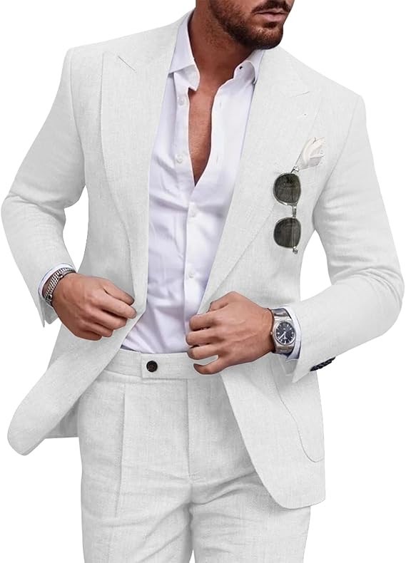 Linen Men’s Suit Set Casual Tuxedo 2 Piece Regular Fit Blazer One Button Jacket
