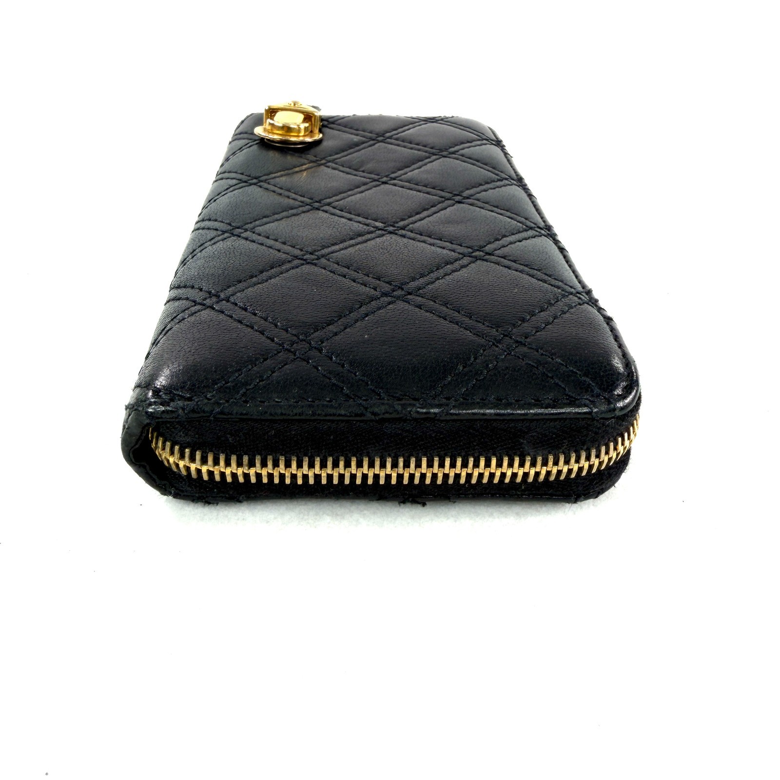 Marc Jacobs Black Quilted Leather Large Zip Around Wallet Clutch Brass Push Lock