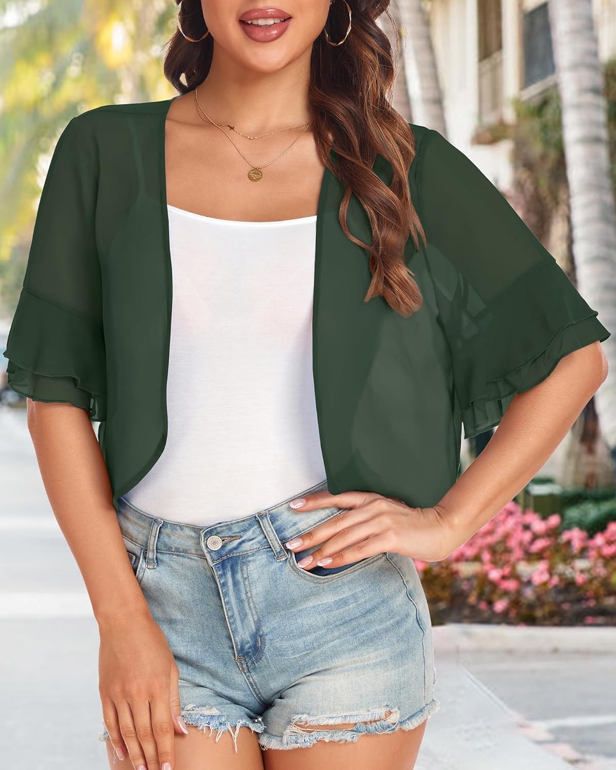 Womens Short Sleeve Shrug Open Front Sheer Ruffle Cardigan Lightweight Jacket