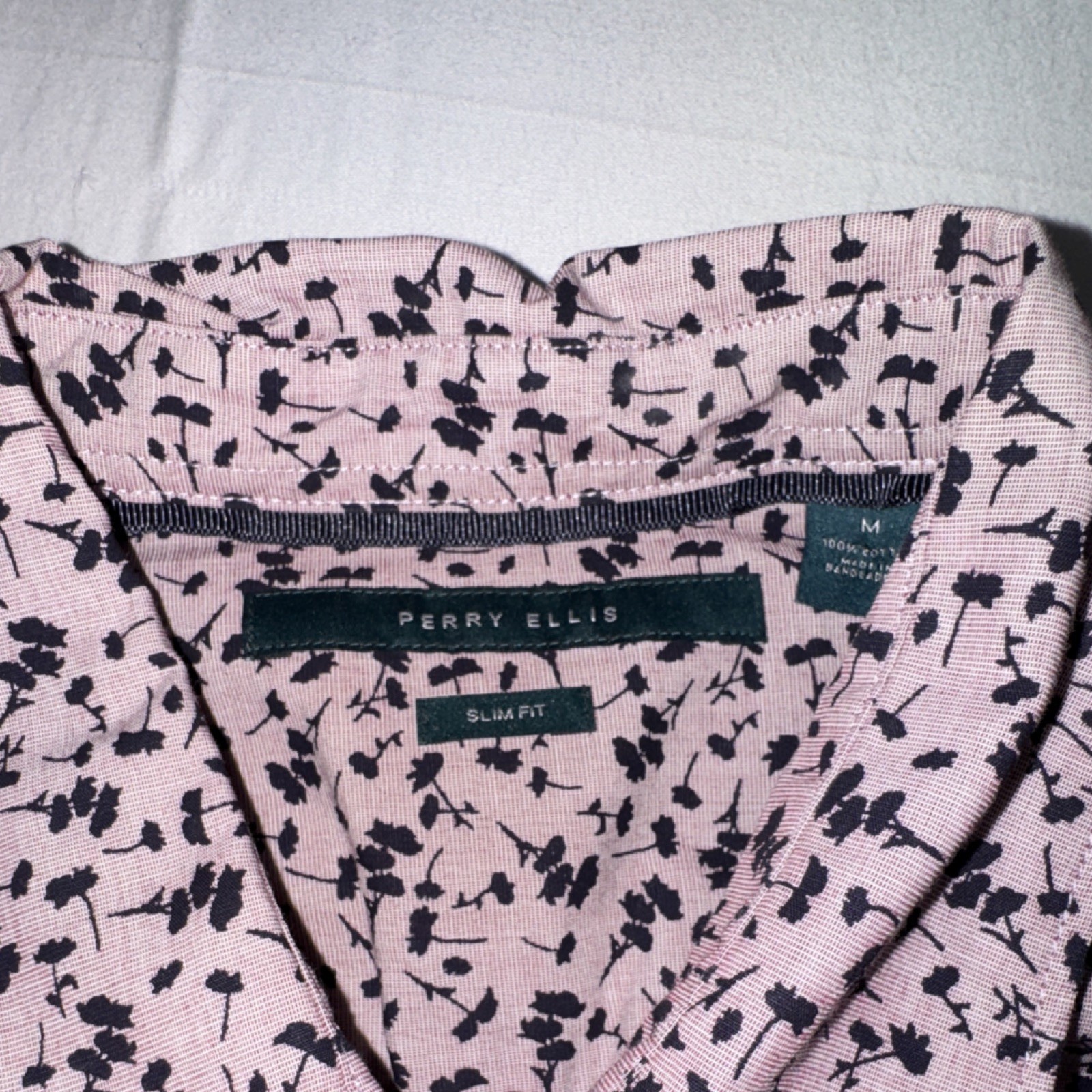 Perry Ellis Men’s M Floral Pink Black Cotton Woven Slim Button-Up Shirt SS