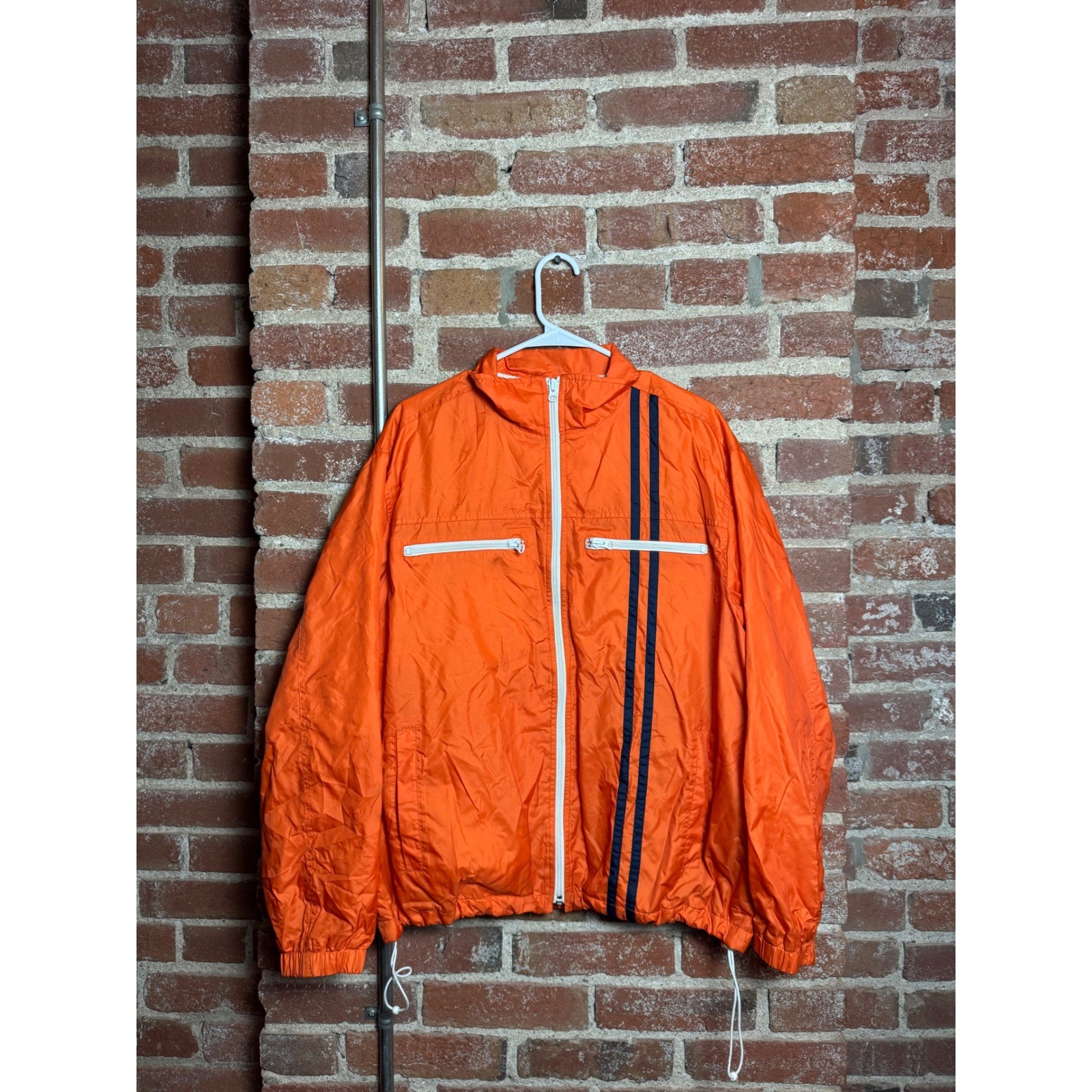 Vintage Old Navy Mens Orange Swishy Windbreaker Jacket Navy Stripe Size M