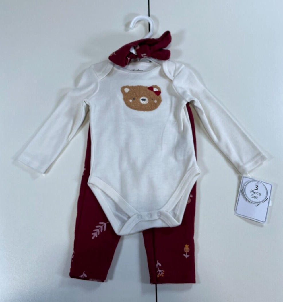 NWT Sterling Baby 3 Piece Set Long Sleeve Body Suit Pants Headband Bear 9 Months